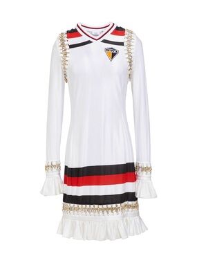 Burberry White Long-Sleeve Dress with Black and Red Stripes and Gold Chain Trim